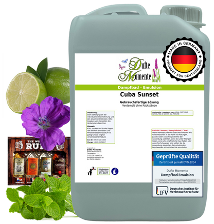 Dampfbad-Emulsion Cuba Sunset (Limette, Mojito, Rum) | Gebrauchsfertig & DVN-Zertifiziert für Dein Home-Spa | 3L, 5L, 10L