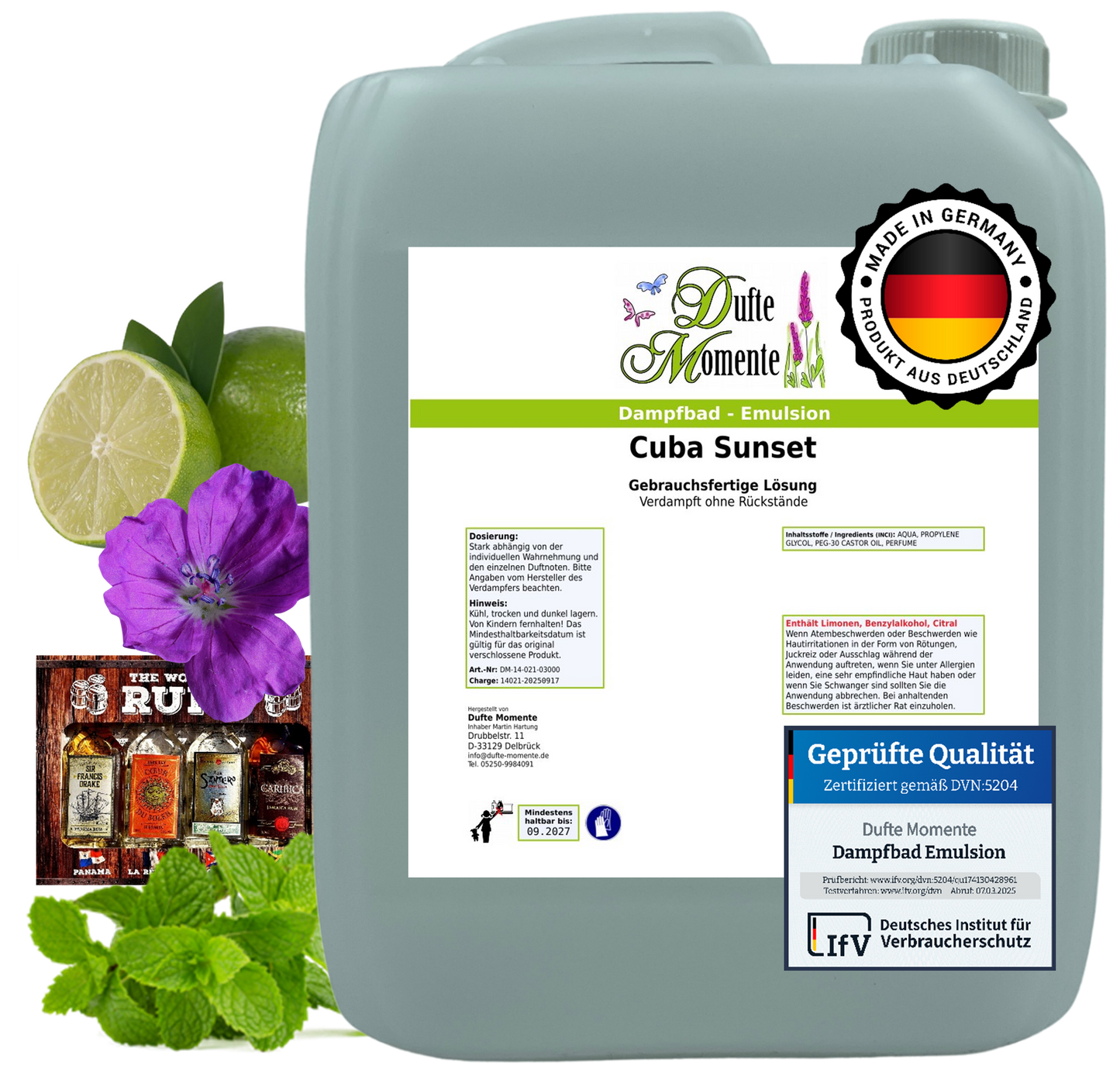 Dampfbad-Emulsion Cuba Sunset (Limette, Mojito, Rum) | Gebrauchsfertig & DVN-Zertifiziert für Dein Home-Spa | 3L, 5L, 10L