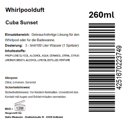 Whirlpoolduft 260 ml Etikett Cuba Sunset