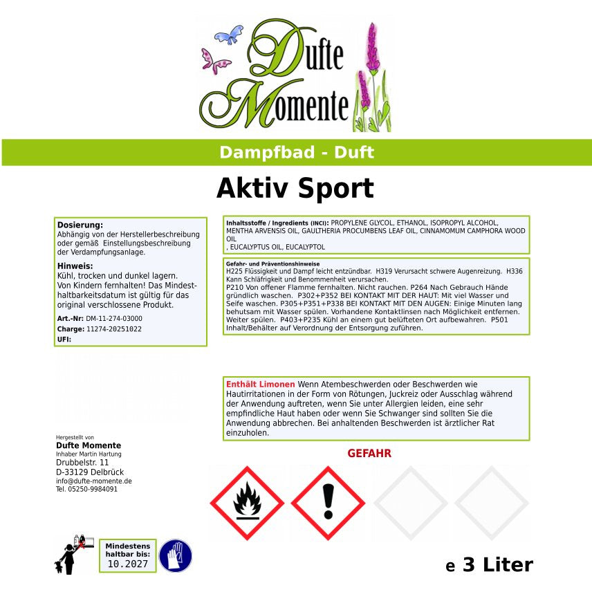 Saunaduft Etikett 3 Liter Aktiv Sport