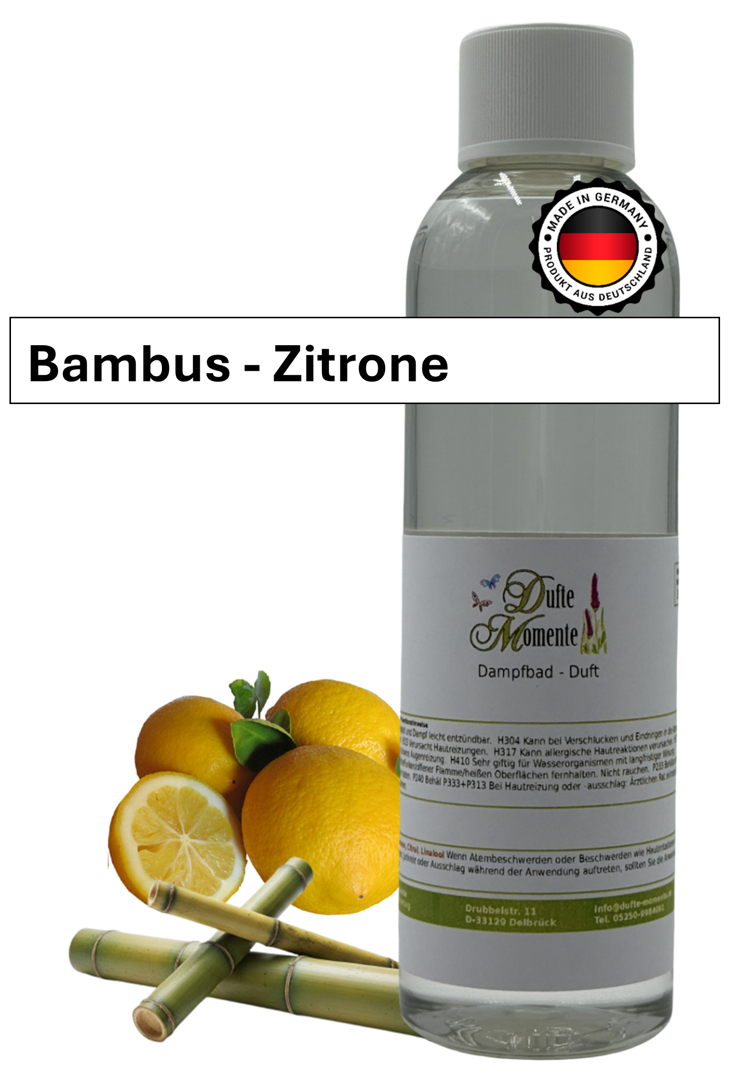 Saunaduft Bambus-Zitrone in 250ml Flasche mit Duftbestandteilen und Duftbanner