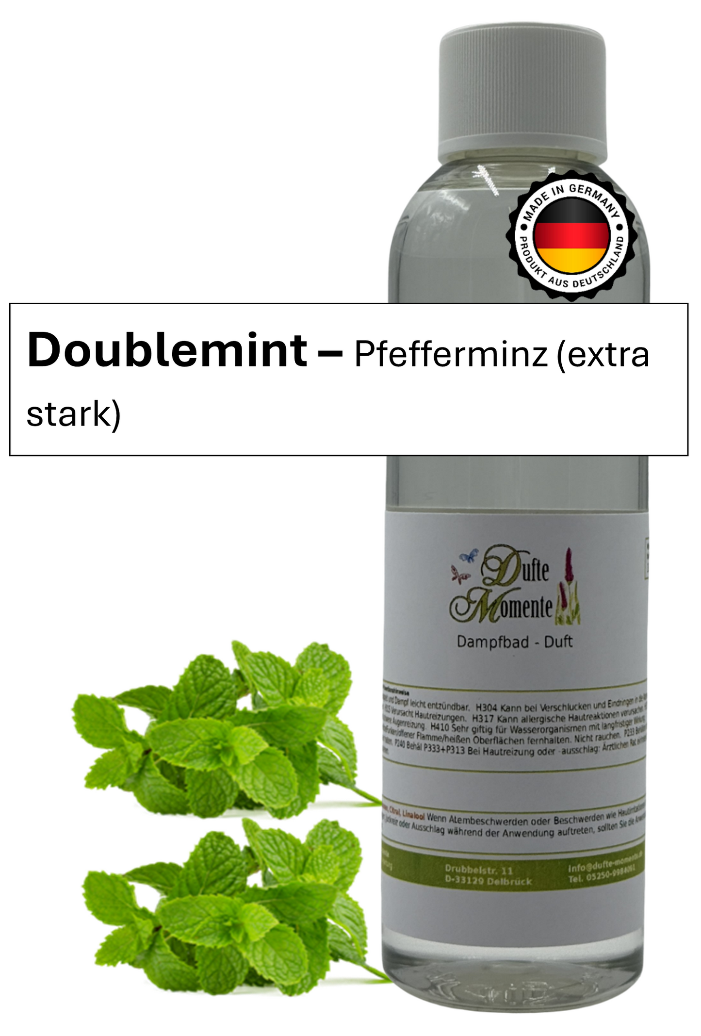 Saunaduft Doublemint in 250ml Flasche mit Duftbestandteilen und Duftbanner