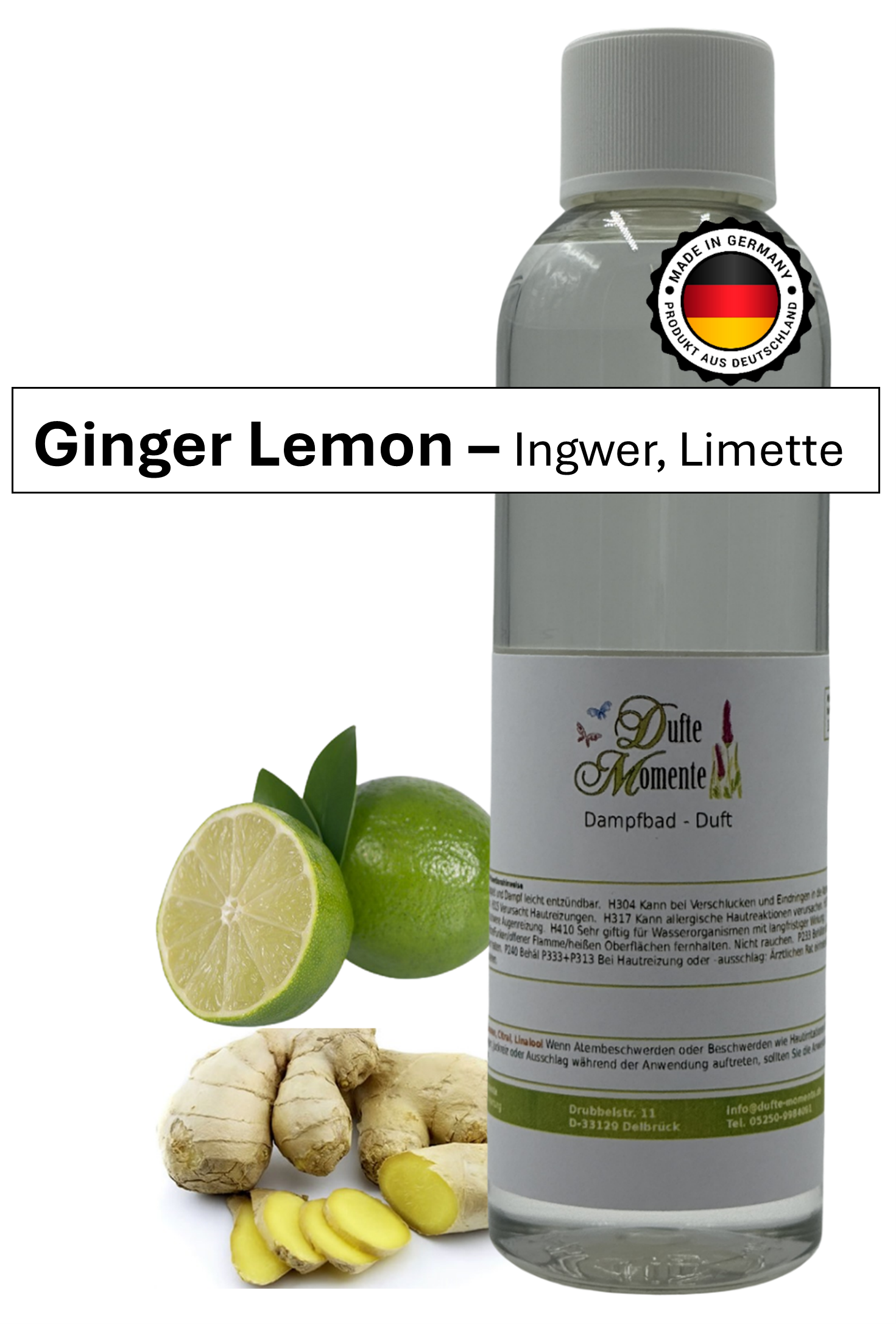 Saunaduft Ginger-Lemon in 250ml Flasche mit Duftbestandteilen und Duftbanner