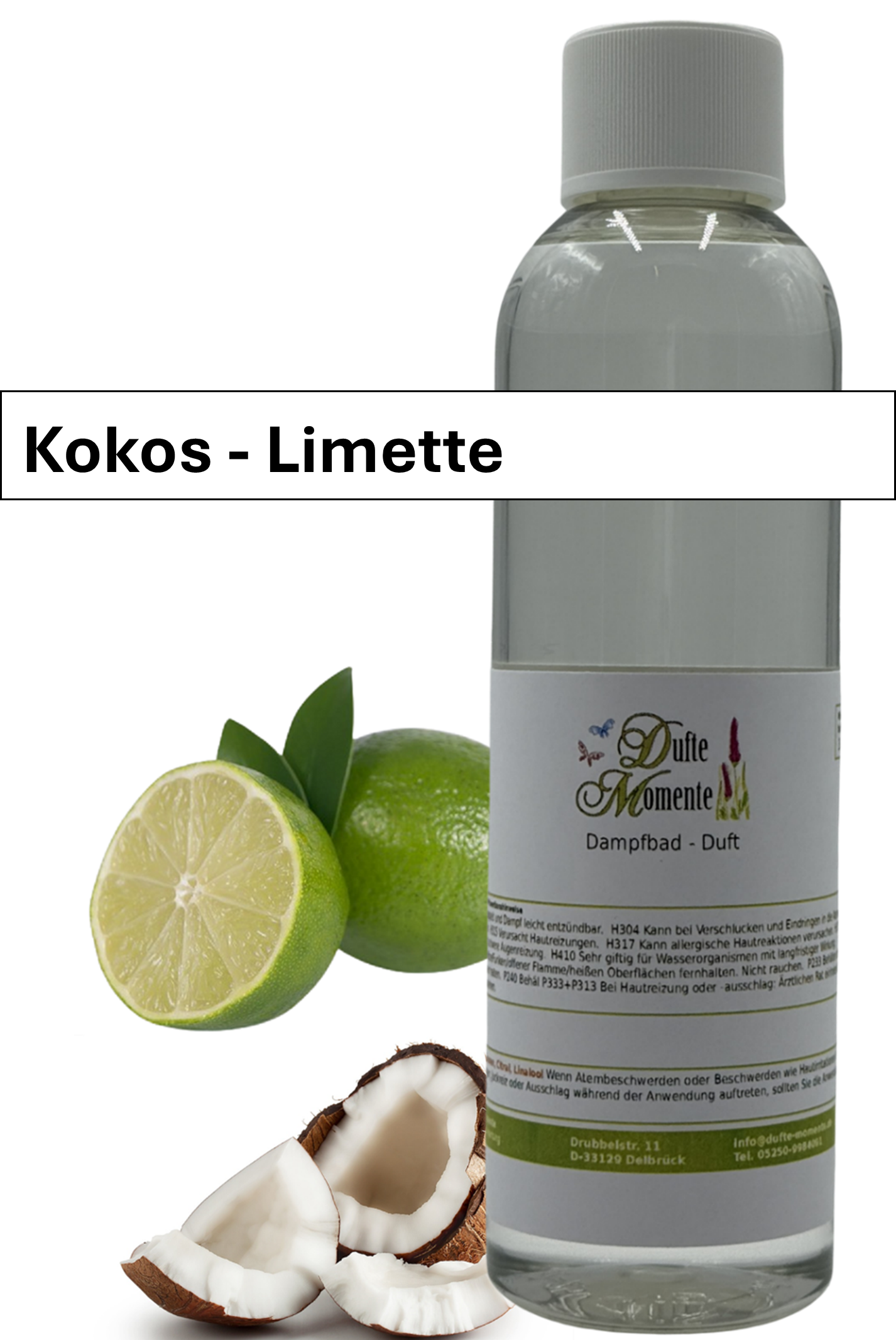 Dampfbad Duftkonzentrat kokos-limette in 250ml flasche mit duftbanner