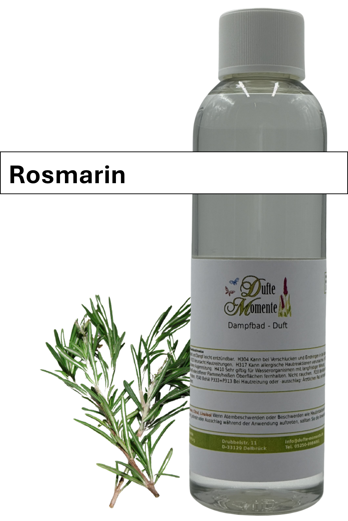 Dampfbad Duftkonzentrat rosmarin in 250ml flasche mit duftbanner