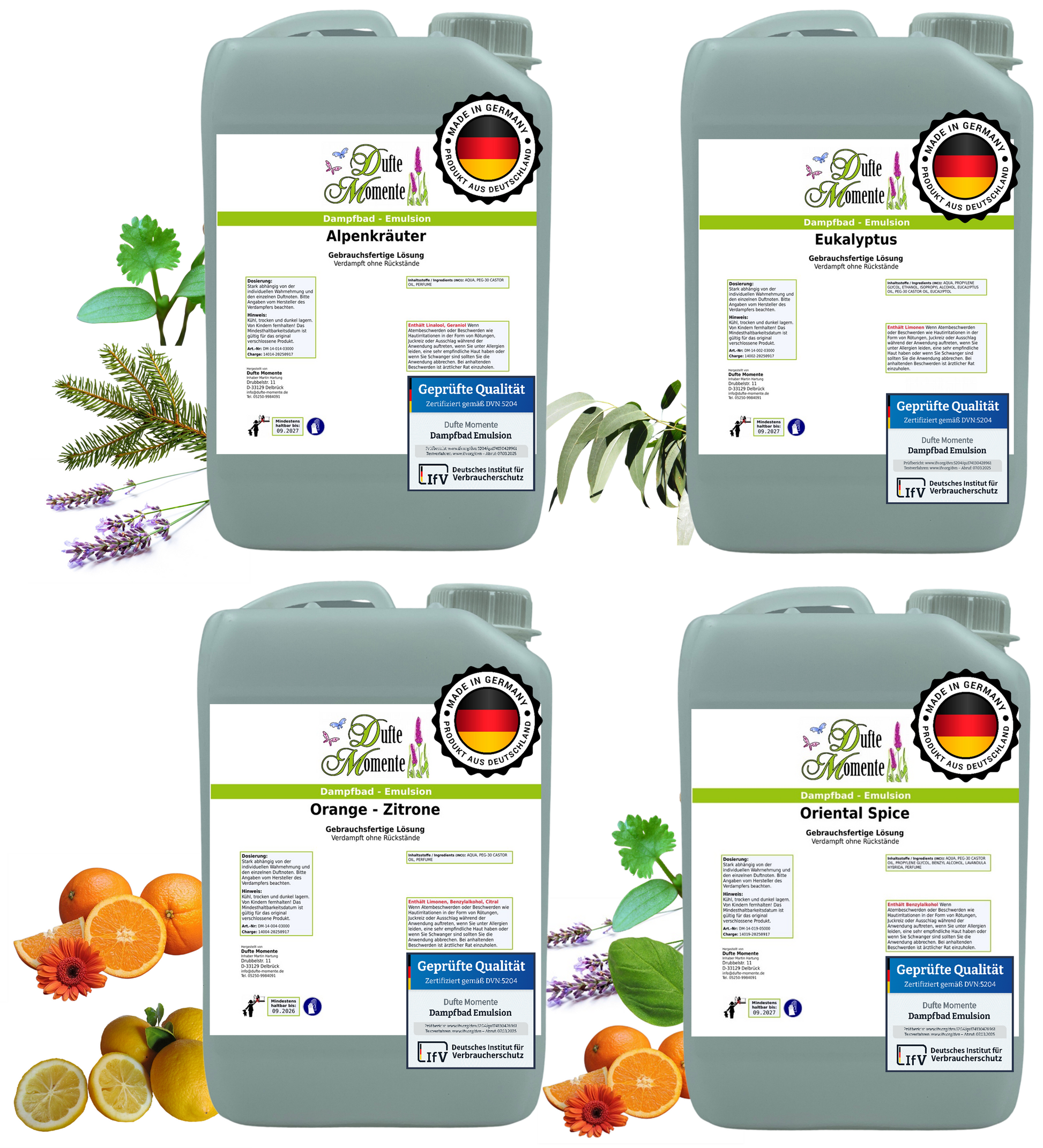 Dampfbad Emulsion Set mit 4 Düften Alpenkräuter Eukalyptus Orange Zitrone Oriental Spice in 3 Liter Kanistern