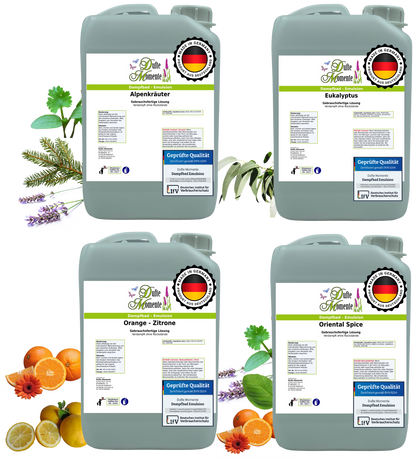 Dampfbad Emulsion Set mit 4 Düften Alpenkräuter Eukalyptus Orange Zitrone Oriental Spice in 3 Liter Kanistern