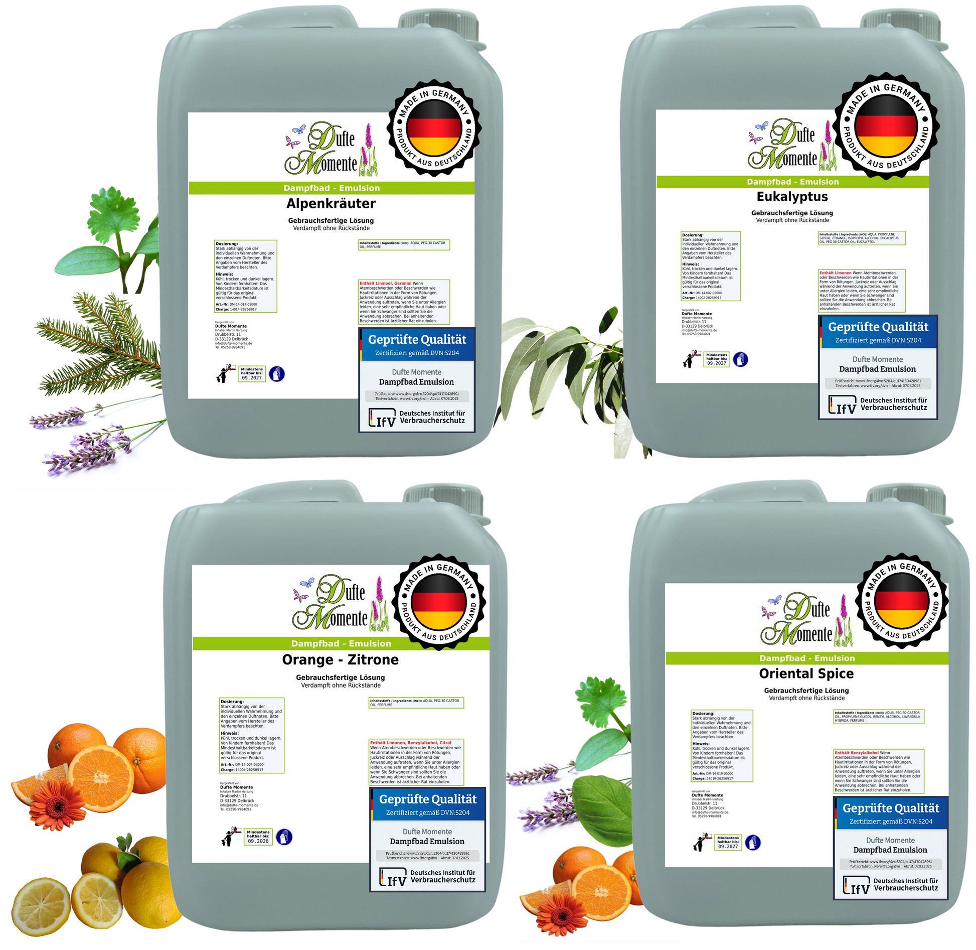 Dampfbad Emulsion Set mit 4 Düften Alpenkräuter Eukalyptus Orange Zitrone Oriental Spice in 5 Liter Kanistern