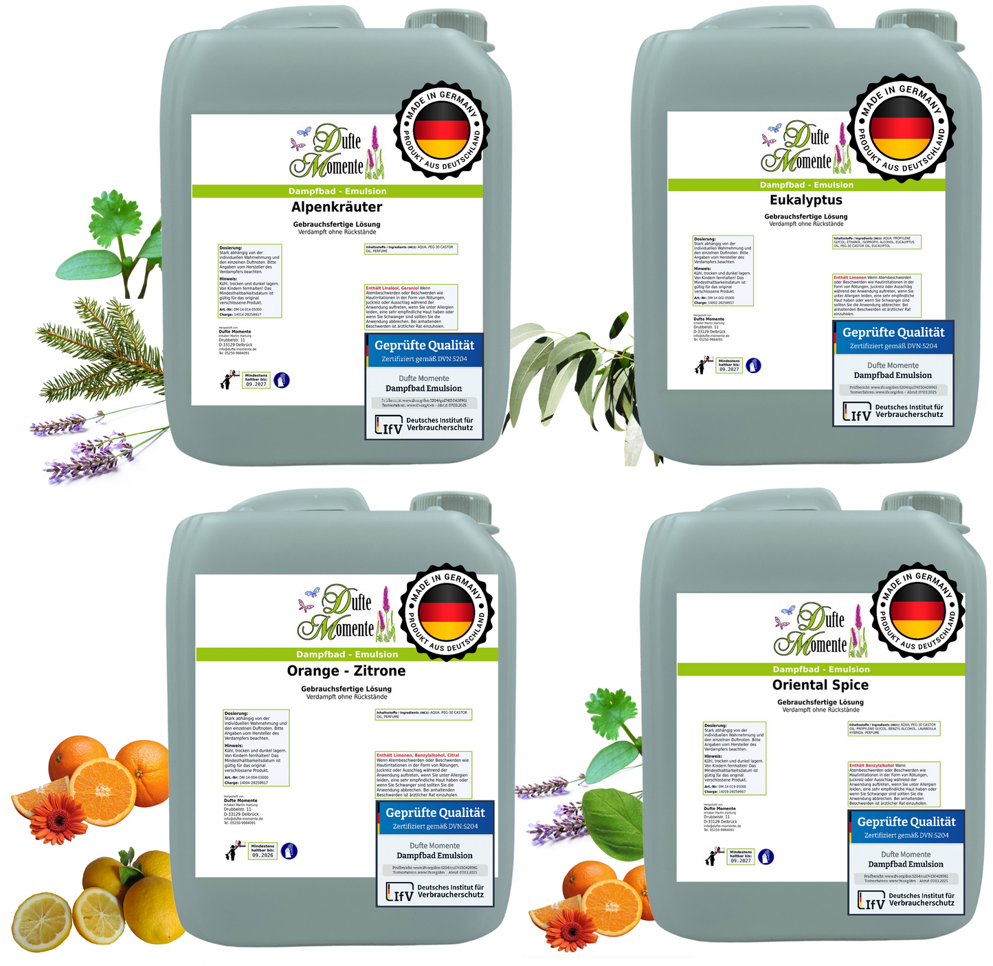Dampfbad Emulsion Set mit 4 Düften Alpenkräuter Eukalyptus Orange Zitrone Oriental Spice in 5 Liter Kanistern