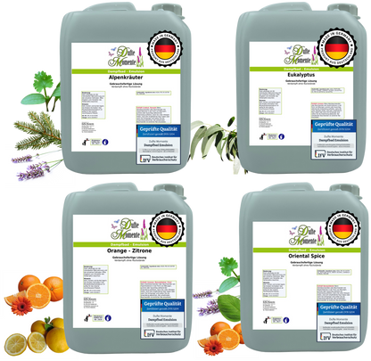Dampfbad Emulsion Set mit 4 Düften Alpenkräuter Eukalyptus Orange Zitrone Oriental Spice in 5 Liter Kanistern