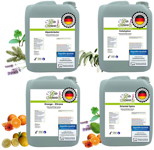 Dampfbad Emulsion Set mit 4 Düften Alpenkräuter Eukalyptus Orange Zitrone Oriental Spice in 5 Liter Kanistern
