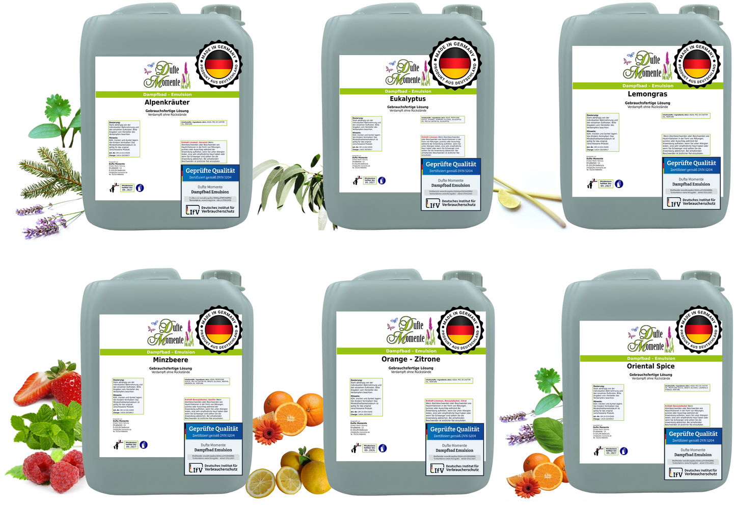 Dampfbad Emulsion Set mit 6 Düften Alpenkräuter Eukalyptus Lemongras Minzbeere Orange Zitrone Oriental Spice in 5 Liter Kanistern