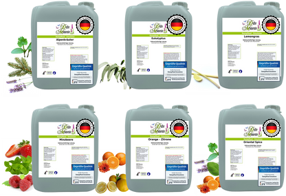 Dampfbad Emulsion Set mit 6 Düften Alpenkräuter Eukalyptus Lemongras Minzbeere Orange Zitrone Oriental Spice in 5 Liter Kanistern