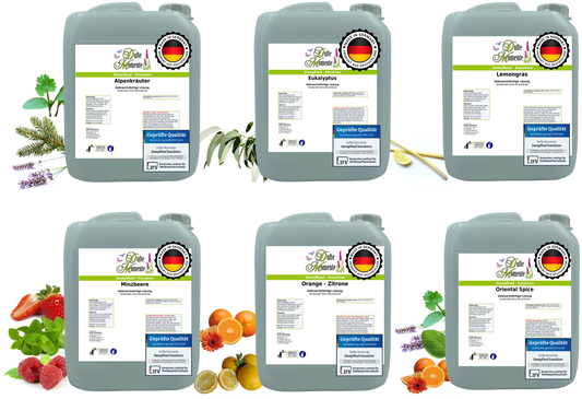 Dampfbad Emulsion Set mit 6 Düften Alpenkräuter Eukalyptus Lemongras Minzbeere Orange Zitrone Oriental Spice in 5 Liter Kanistern