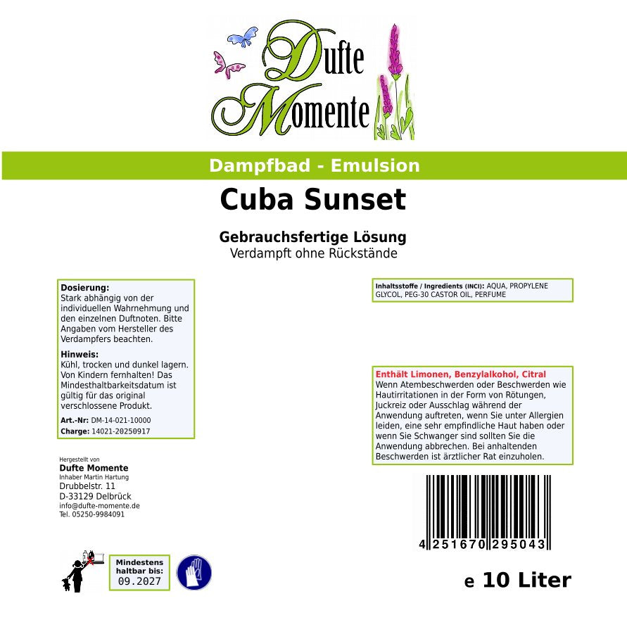 Dampfbad-Emulsion Cuba Sunset (Limette, Mojito, Rum) | Gebrauchsfertig & DVN-Zertifiziert für Dein Home-Spa | 3L, 5L, 10L