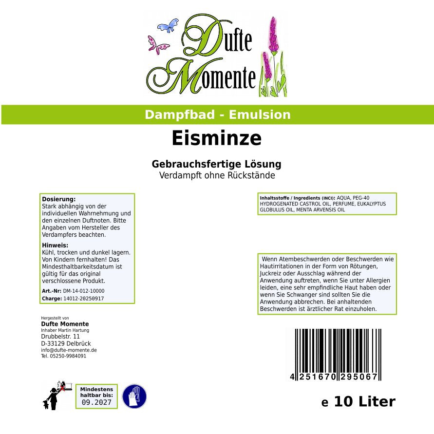 Dampfbad-Emulsion Eisminze (Eukalyptus, Menthol, Pfefferminz) | Gebrauchsfertig & DVN-Zertifiziert für Dein Home-Spa | 3L, 5L, 10L