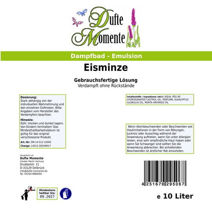 Dampfbad-Emulsion Eisminze (Eukalyptus, Menthol, Pfefferminz) | Gebrauchsfertig & DVN-Zertifiziert für Dein Home-Spa | 3L, 5L, 10L
