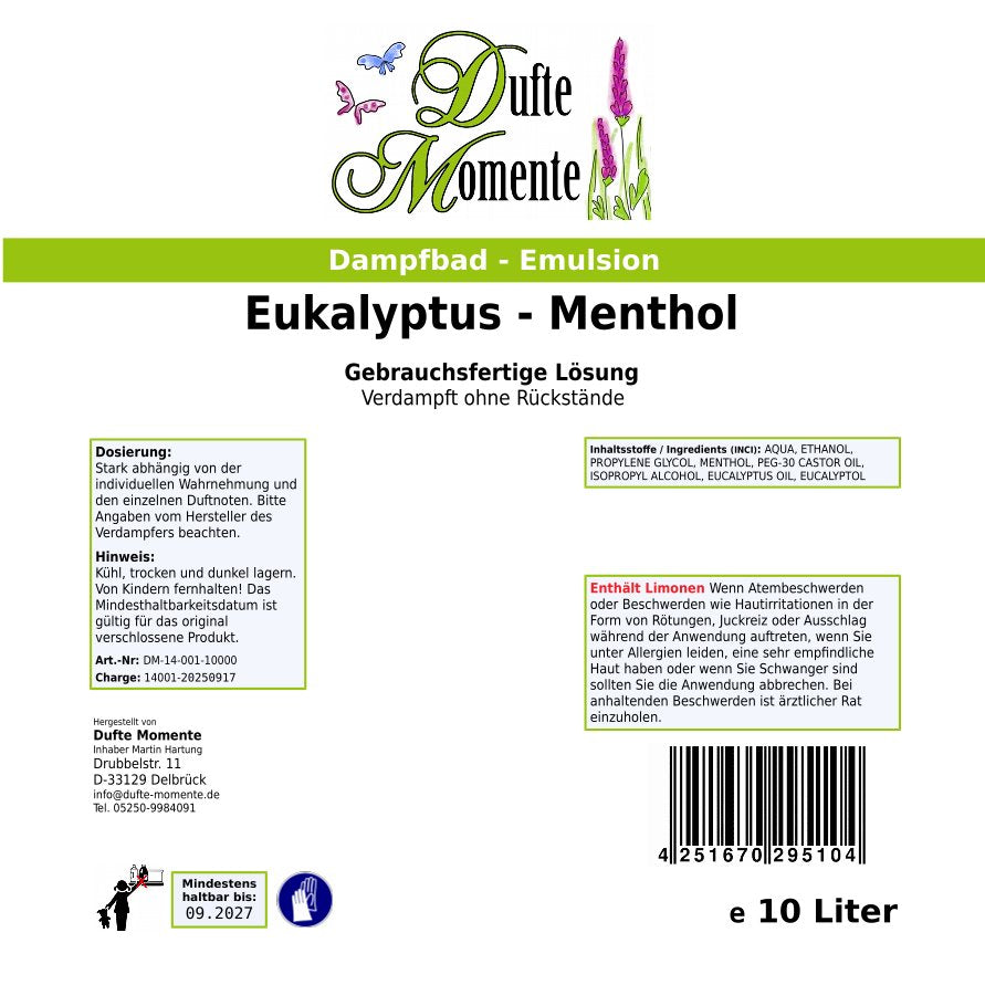 Dampfbad-Emulsion Eukalyptus-Menthol | Gebrauchsfertig & DVN-Zertifiziert für Dein Home-Spa | 3L, 5L, 10L