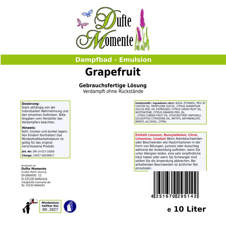 Dampfbad-Emulsion Grapefruit | Gebrauchsfertig & DVN-Zertifiziert für Dein Home-Spa | 3L, 5L, 10L