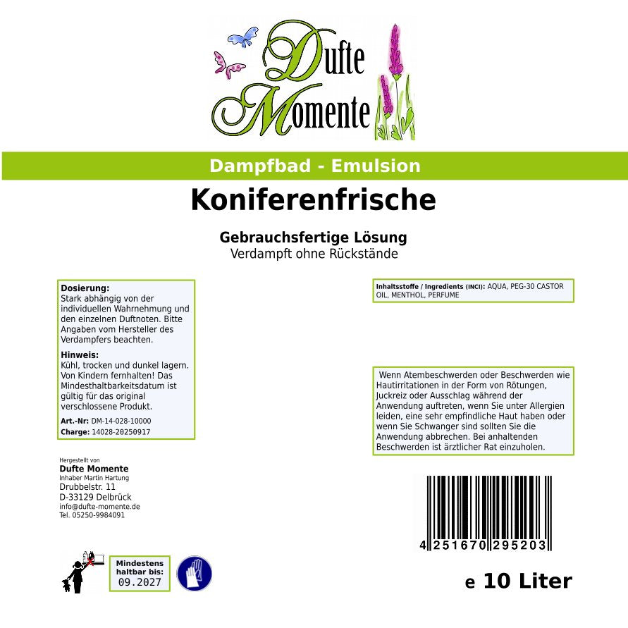 Dampfbad-Emulsion Koniferenfrische (Menthol, Tannennadel) | Gebrauchsfertig & DVN-Zertifiziert für Dein Home-Spa | 3L, 5L, 10L
