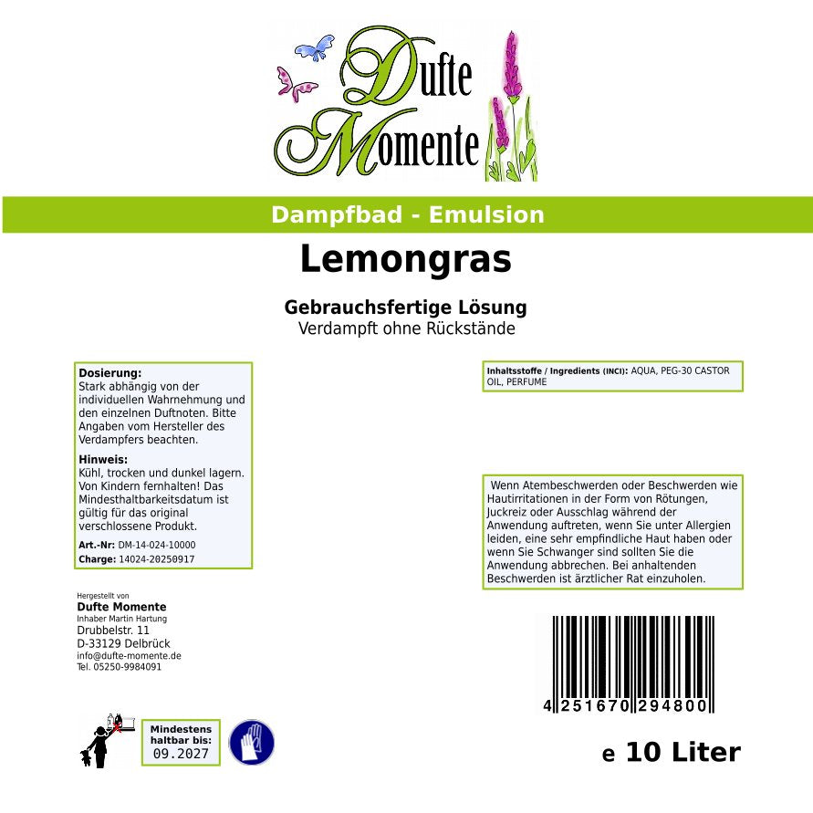 Dampfbad Emulsion Lemongras Etikett 10 Liter Gebinde