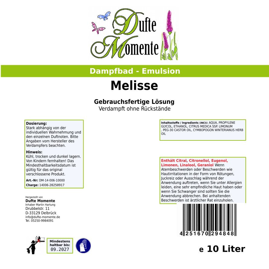Dampfbad-Emulsion Melisse | Gebrauchsfertig & DVN-Zertifiziert für Dein Home-Spa | 3L, 5L, 10L