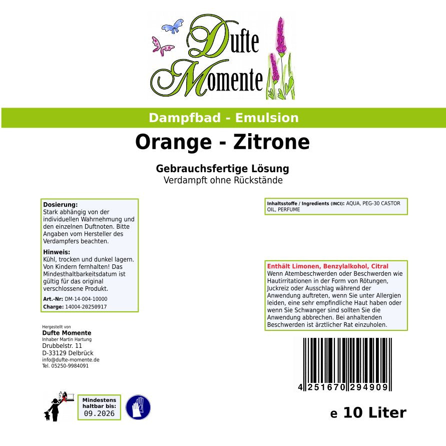 Dampfbad Emulsion Orange-Zitrone Etikett 10 Liter Gebinde
