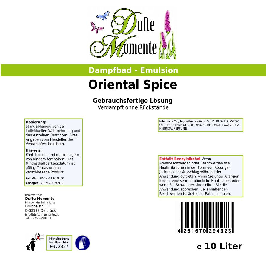 Dampfbad Emulsion Oriental Spice Etikett 10 Liter Gebinde