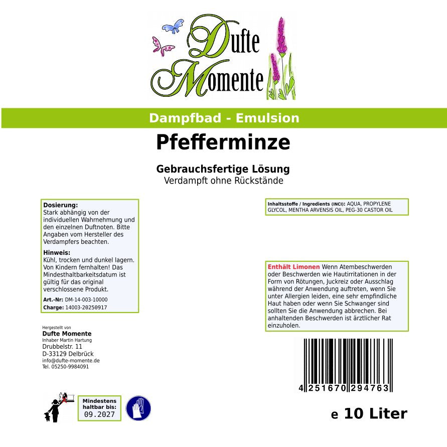 Dampfbad-Emulsion Pfefferminz | Gebrauchsfertig & DVN-Zertifiziert für Dein Home-Spa | 3L, 5L, 10L