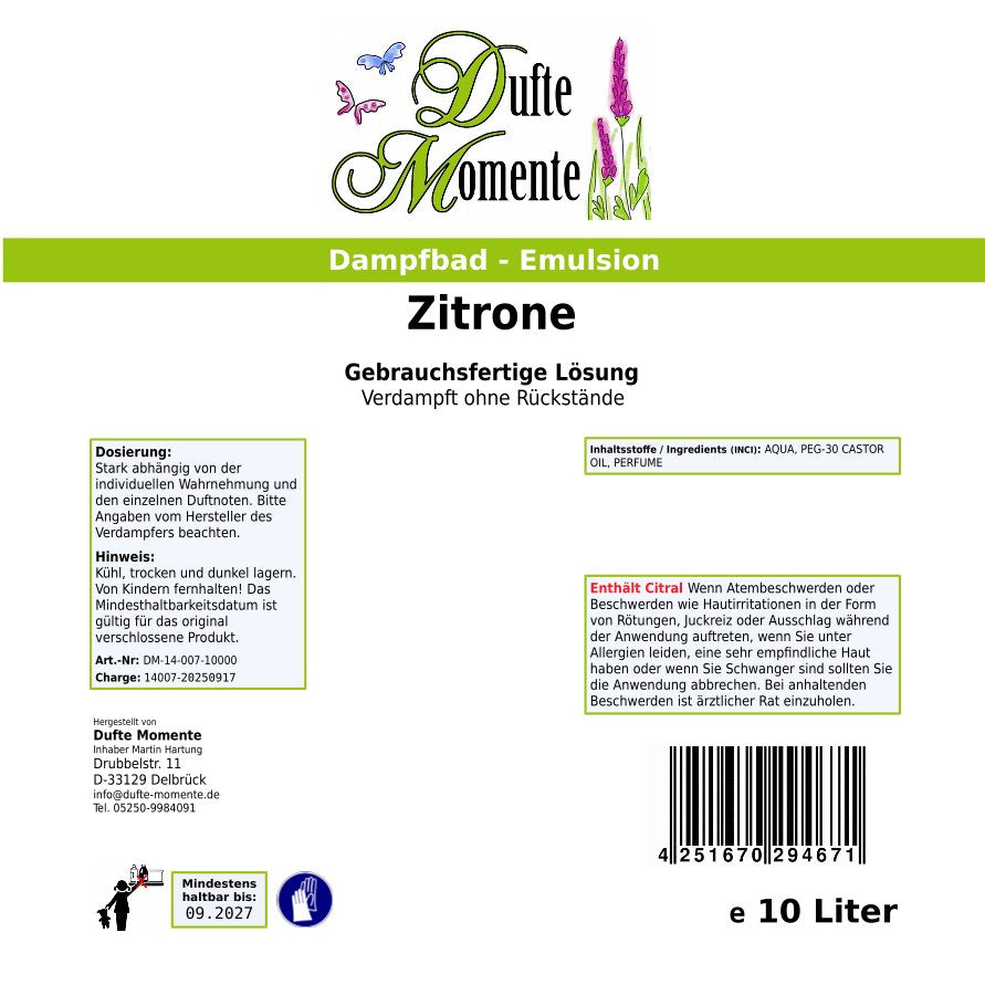 Dampfbad-Emulsion Zitrone | Gebrauchsfertig & DVN-Zertifiziert für Dein Home-Spa | 3L, 5L, 10L