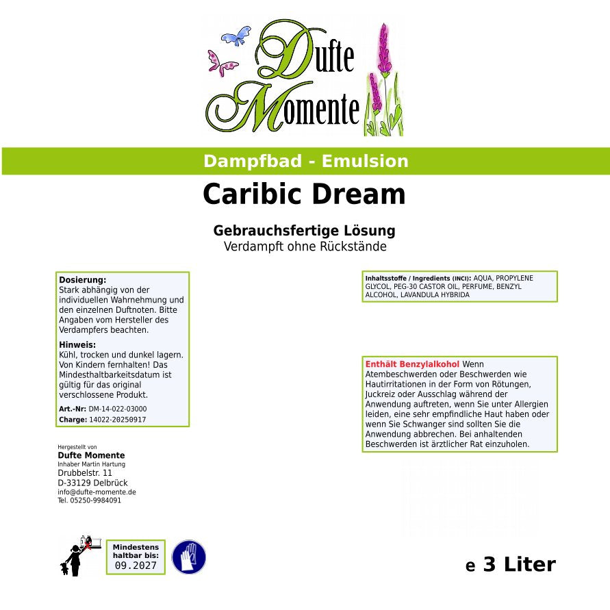 Dampfbad-Emulsion Caribic Dream (Geranium, Mojito) | Gebrauchsfertig & DVN-Zertifiziert für Dein Home-Spa | 3L, 5L, 10L