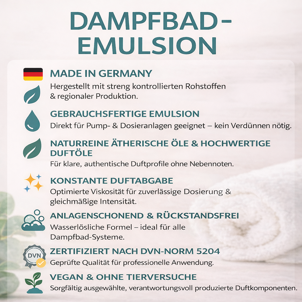 Vorteile Dampfbad Emulsion gebrauchsfertig naturreine Öle konstante Duftabgabe DVN 5204 zertifiziert