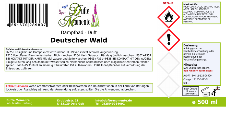 Dampfbadduft Konzentrat Etikett 500 ml Deutscher Wald