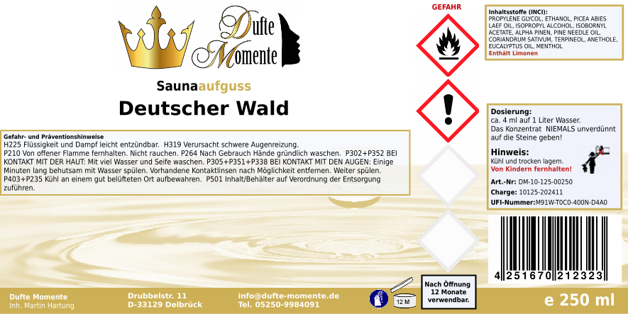 Saunaduft Konzentrat 250 ml Etikett Deutscher Wald