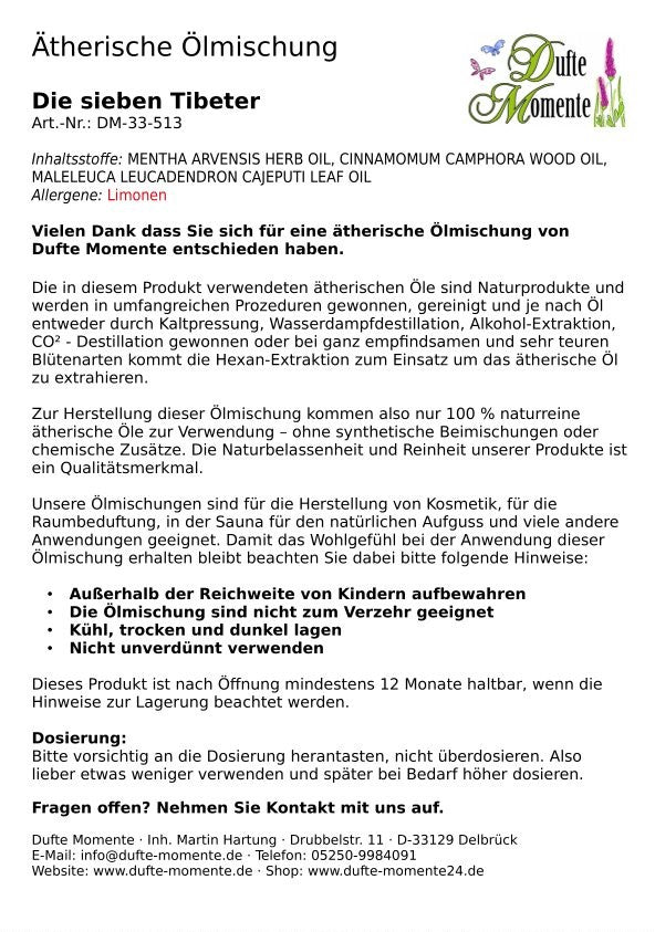 Beipackzettel ätherische Ölmischung Die sieben Tibeter mit Anwendungshinweisen und Inhaltsstoffen