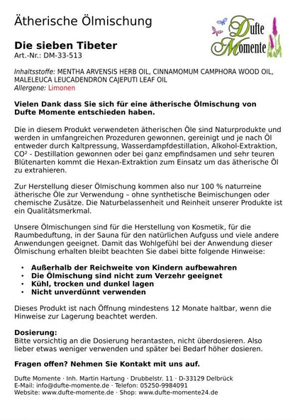 Beipackzettel ätherische Ölmischung Die sieben Tibeter mit Anwendungshinweisen und Inhaltsstoffen