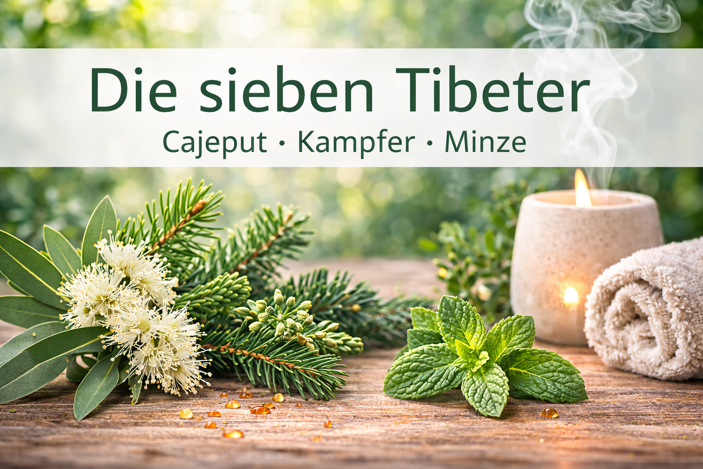 Ätherische Ölmischung Die sieben Tibeter mit Minze und Kampfer in Wellness Atmosphäre