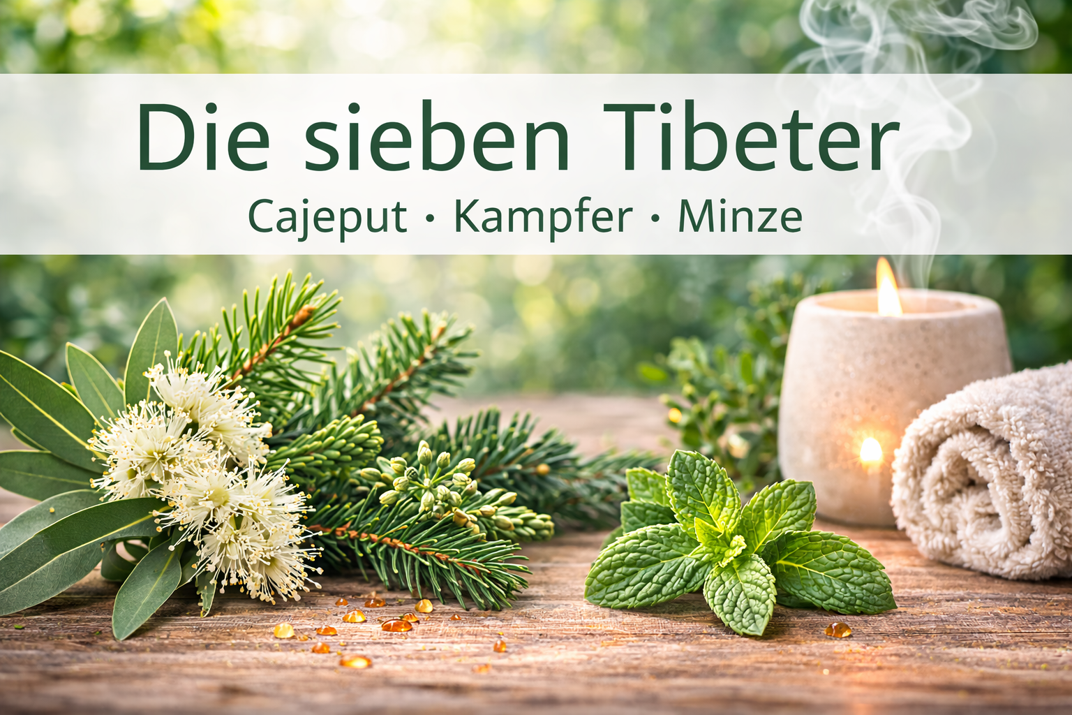 Ätherische Ölmischung Die sieben Tibeter mit Minze und Kampfer in Wellness Atmosphäre