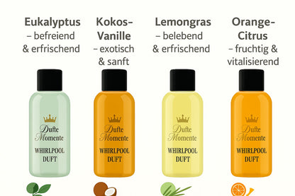 Whirlpool Duft Set – 4 × 250 ml Düfte (Eukalyptus, Kokos-Vanille, Lemongras, Orange-Citrus) – vegan, ohne Schaum