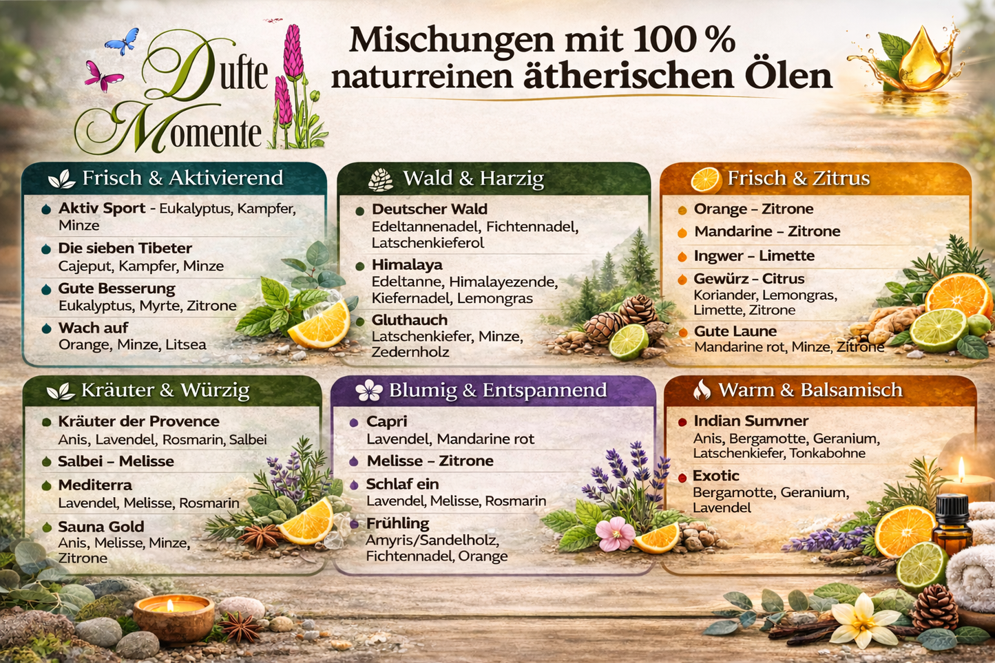Duftübersicht ätherischer Ölmischungen mit Kategorien wie frisch, zitrus, kräuter, wald und blumig für sauna und raumduft