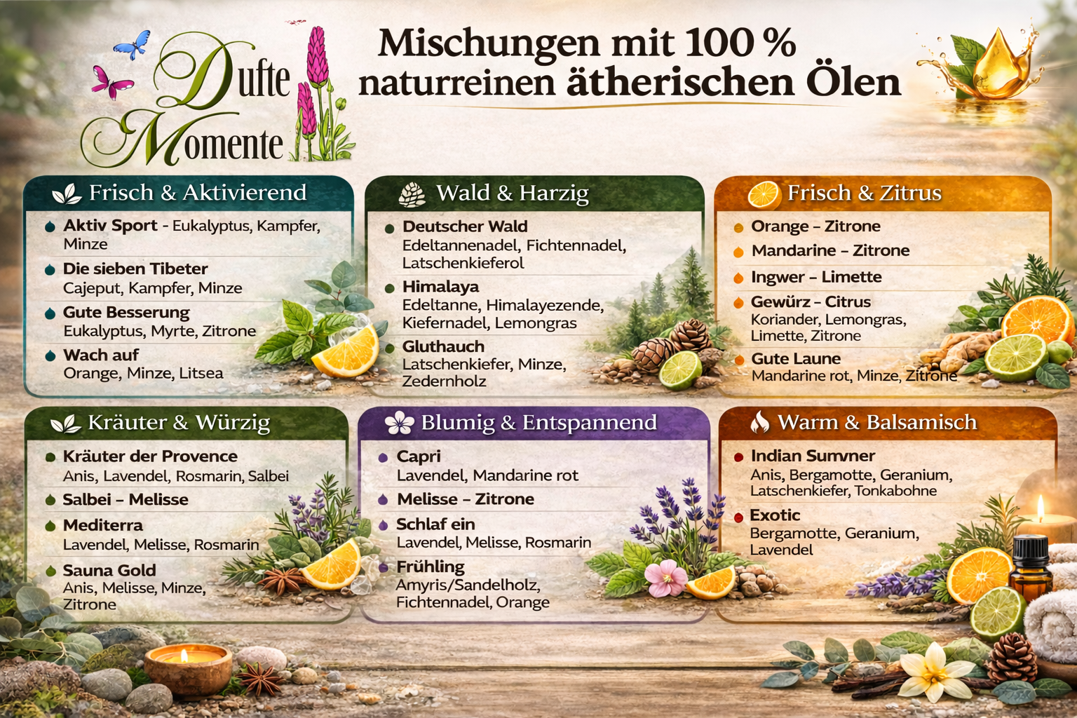 Duftübersicht ätherischer Ölmischungen mit Kategorien wie frisch, zitrus, kräuter, wald und blumig für sauna und raumduft