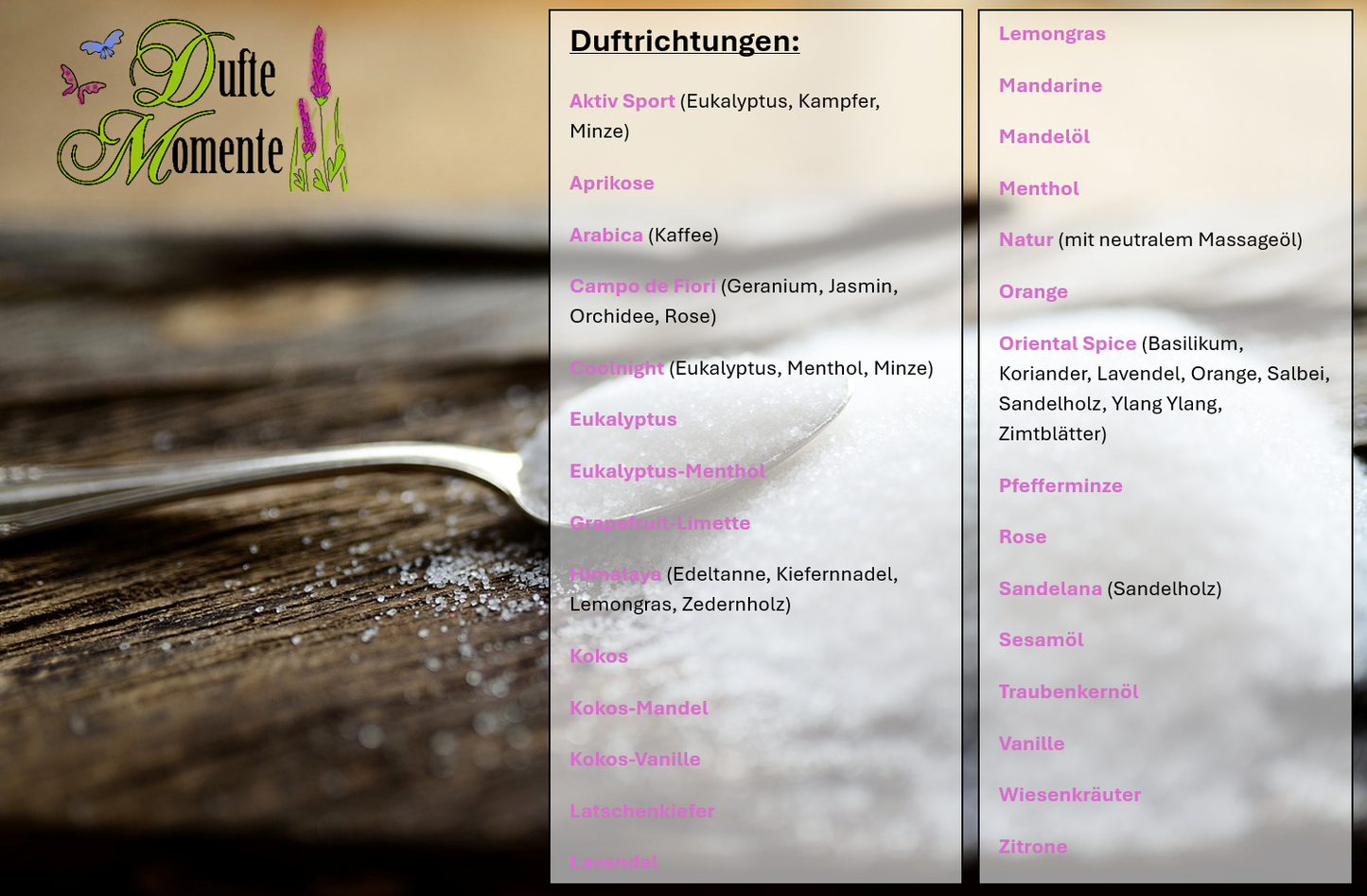 Übersicht Duftsorten Wellness-Zucker