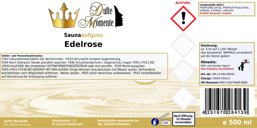Saunaduft Konzentrat 500 ml Etikett Edelrose