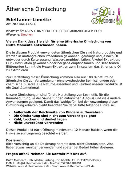 Beipackzettel ätherische Ölmischung Edeltanne Limette mit Anwendungshinweisen und Inhaltsstoffen