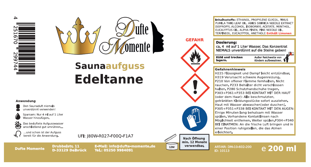 Saunaduft Konzentrat Etikett 200 ml Edeltanne