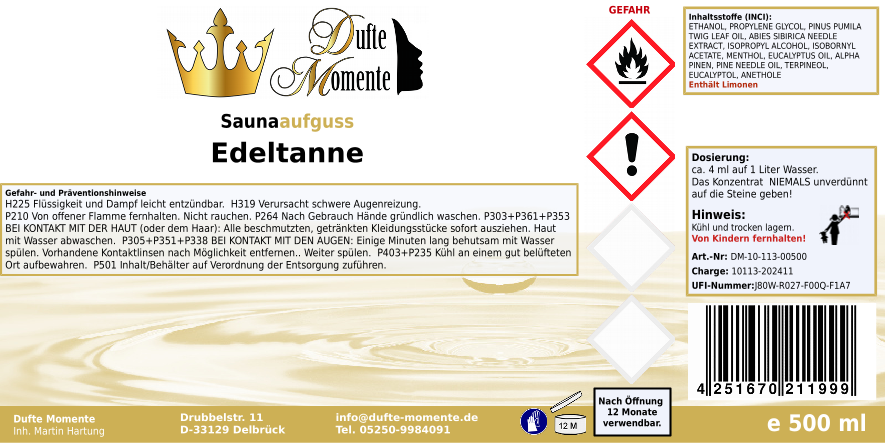 Saunaduft Konzentrat 500 ml Etikett Edeltanne