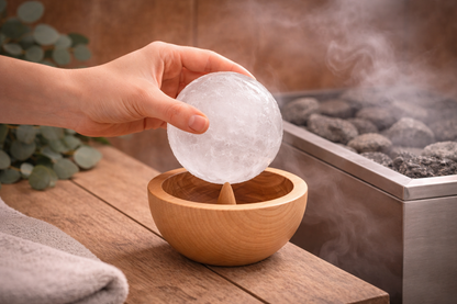 Hand nimmt Eiskugel aus Holzform, Vorbereitung für Eisaufguss in der Sauna