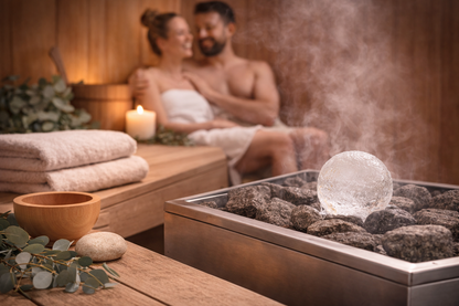 Eiskugel liegt auf Saunasteinen und erzeugt Dampf beim Eisaufguss in der Sauna