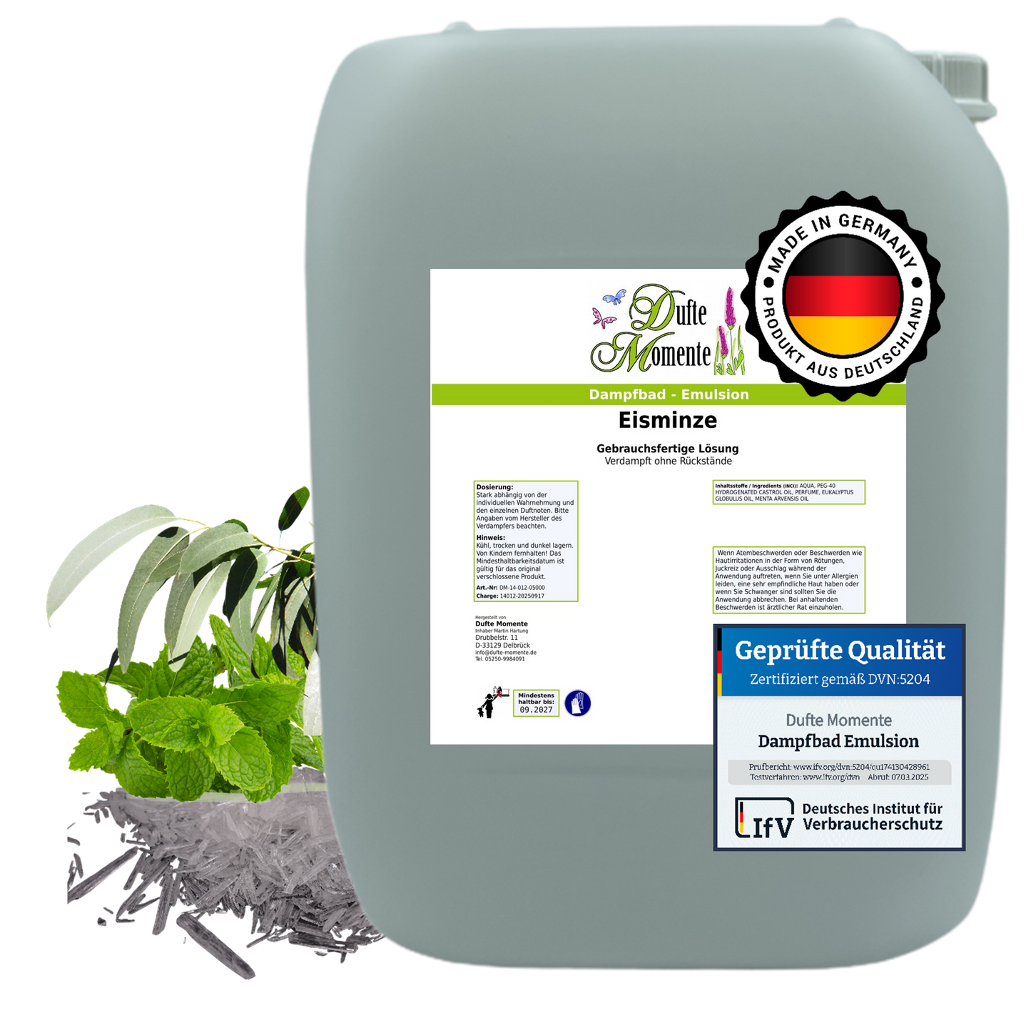 Dampfbad-Emulsion Eisminze (Eukalyptus, Menthol, Pfefferminz) | Gebrauchsfertig & DVN-Zertifiziert für Dein Home-Spa | 3L, 5L, 10L