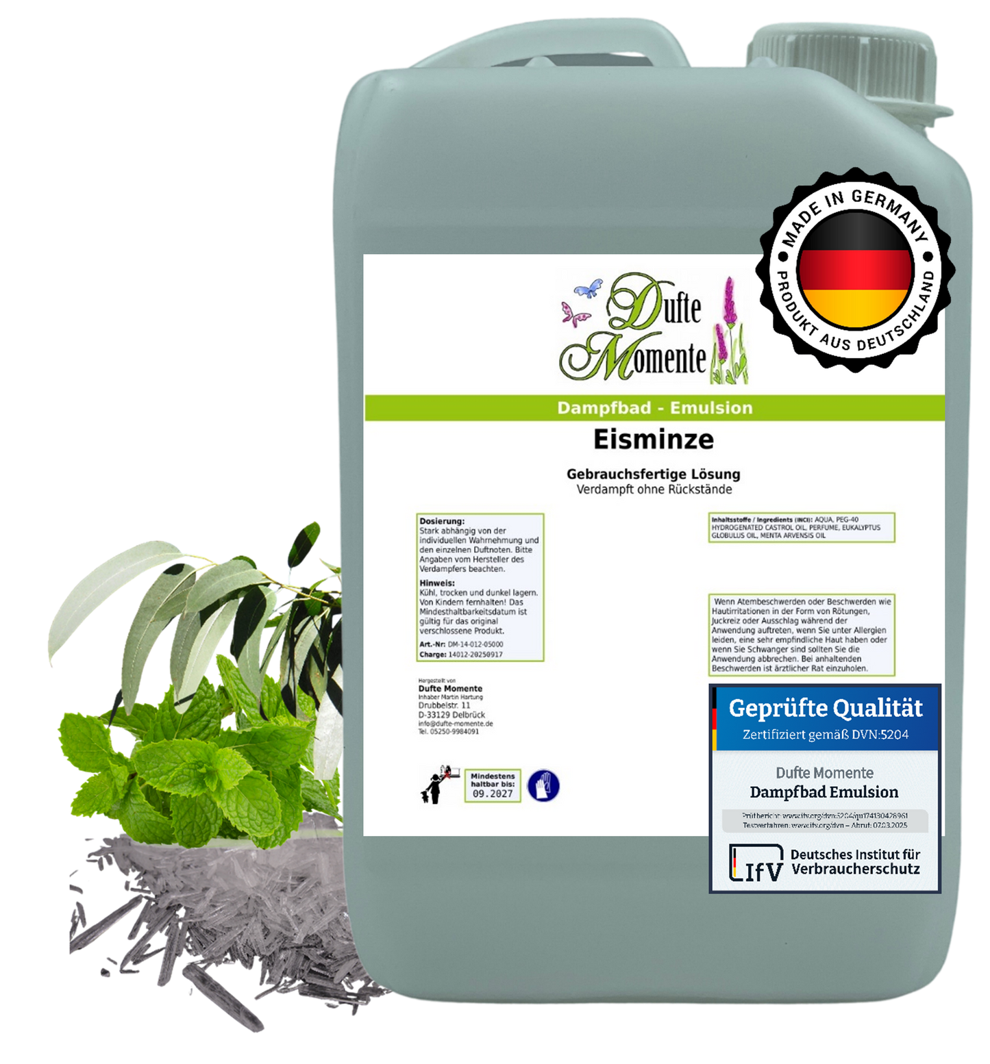 Dampfbad-Emulsion Eisminze (Eukalyptus, Menthol, Pfefferminz) | Gebrauchsfertig & DVN-Zertifiziert für Dein Home-Spa | 3L, 5L, 10L
